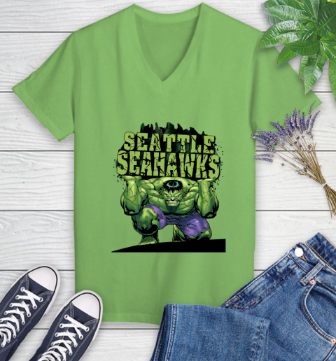 Seattle Seahawks NFL Football Incredible Hulk Marvel Avengers Sports Women's V-Neck T-Shirt 11
