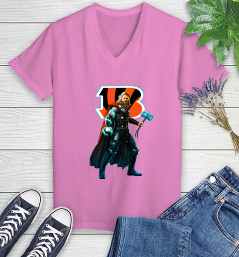 NFL Thor Avengers Endgame Football Cincinnati Bengals Women's V-Neck T-Shirt 14