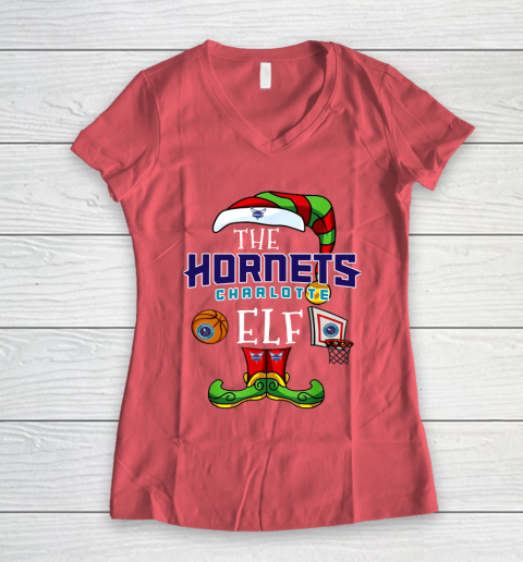 Charlotte Hornets Christmas ELF Funny NBA Women's V-Neck T-Shirt 4