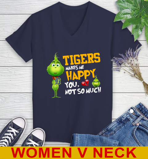 MLB Detroit Tigers Makes Me Happy You Not So Much Grinch Baseball Sports Women's V-Neck T-Shirt 12