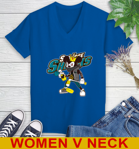San Jose Sharks NHL Hockey Mickey Peace Sign Sports Women's V-Neck T-Shirt 11