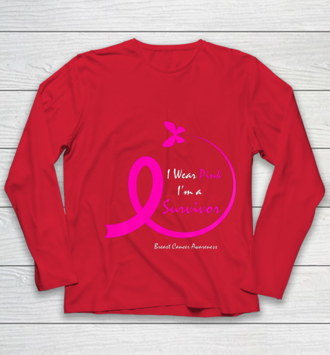 Womens Butterfly I Wear Pink I m A Survivor Breast Cancer Awareness Youth Long Sleeve 8