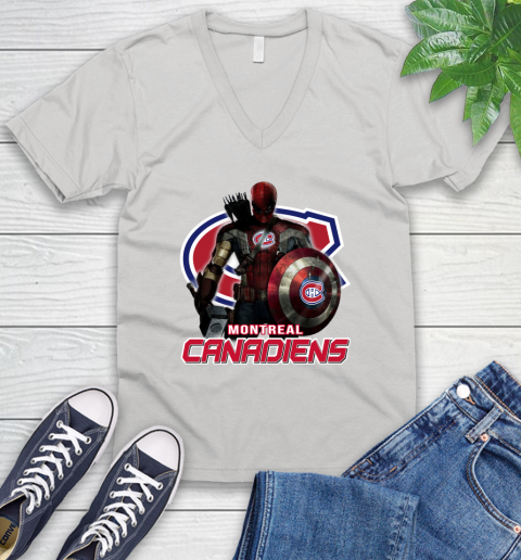 NHL Captain America Thor Spider Man Hawkeye Avengers Endgame Hockey Montreal Canadiens V-Neck T-Shirt
