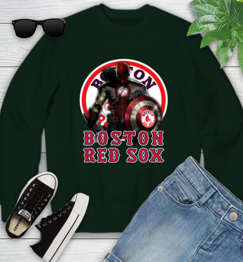 MLB Captain America Thor Spider Man Hawkeye Avengers Endgame Baseball Boston Red Sox Youth Sweatshirt 10