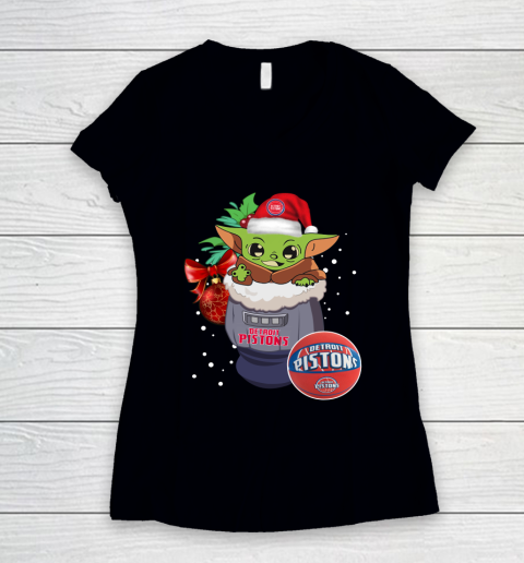 Detroit Pistons Christmas Baby Yoda Star Wars Funny Happy NBA Women's V-Neck T-Shirt