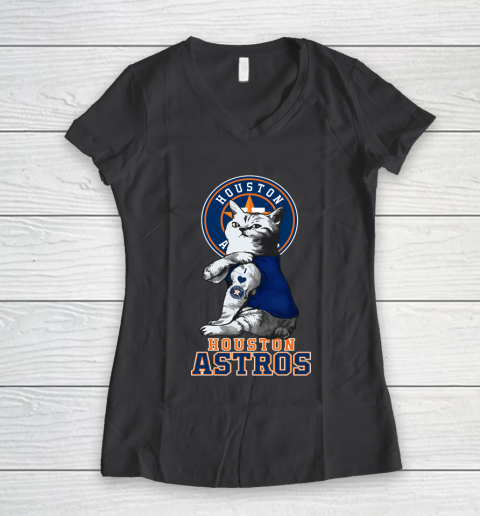 MLB Baseball My Cat Loves Houston Astros Women's V-Neck T-Shirt 6