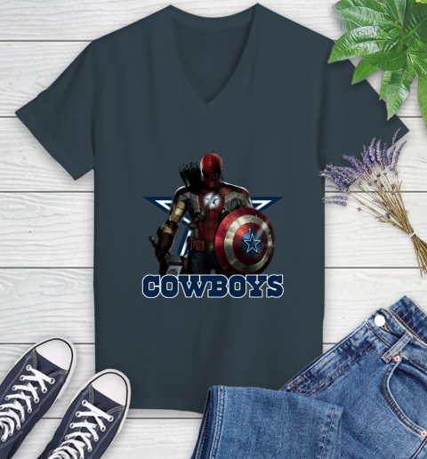 NFL Captain America Thor Spider Man Hawkeye Avengers Endgame Football Dallas Cowboys Women's V-Neck T-Shirt 8