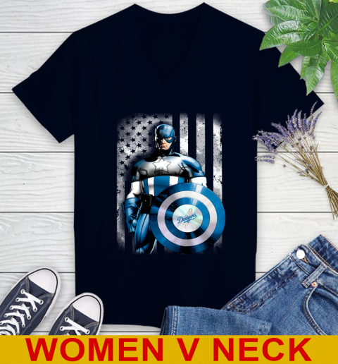 Los Angeles Dodgers MLB Baseball Captain America Marvel Avengers American Flag Shirt Women's V-Neck T-Shirt 2