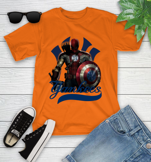 MLB Captain America Thor Spider Man Hawkeye Avengers Endgame Baseball New York Yankees Youth T-Shirt 7