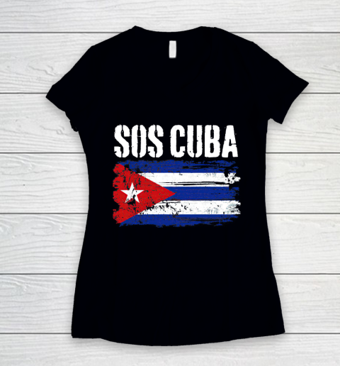 SOS Cuba Retro Cuban Flag Women's V-Neck T-Shirt