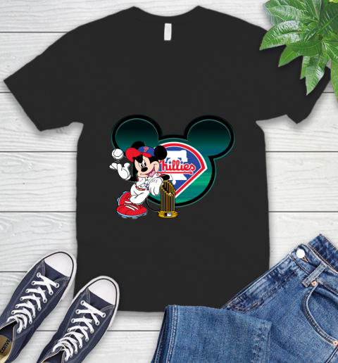 MLB Philadelphia Phillies The Commissioner's Trophy Mickey Mouse Disney V-Neck T-Shirt 2