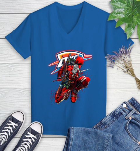 NBA Deadpool Marvel Comics Sports Basketball Oklahoma City Thunder Women's V-Neck T-Shirt 10