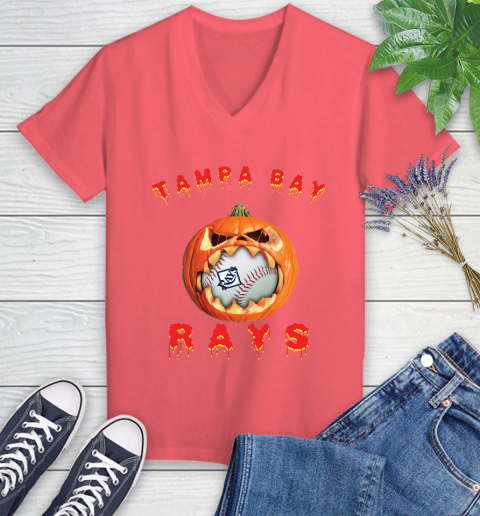 MLB Tampa Bay Rays Halloween Pumpkin Baseball Sports Women's V-Neck T-Shirt 6