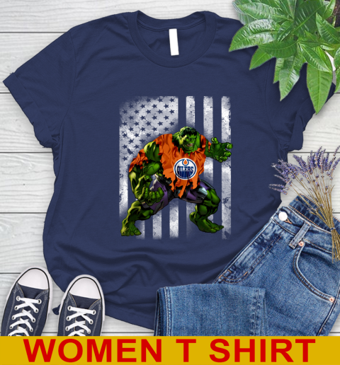 Edmonton Oilers Hulk Marvel Avengers NHL Hockey American Flag Women's T-Shirt 12