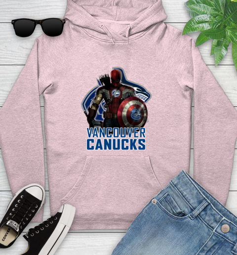 NHL Captain America Thor Spider Man Hawkeye Avengers Endgame Hockey Vancouver Canucks Youth Hoodie 10