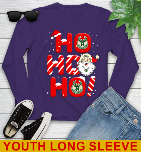Milwaukee Bucks NBA Basketball Ho Ho Ho Santa Claus Merry Christmas Shirt Youth Long Sleeve 4