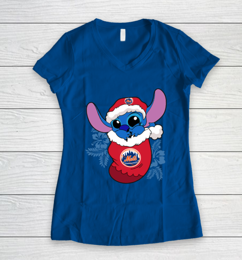 New York Mets Christmas Stitch In The Sock Funny Disney MLB Women's V-Neck T-Shirt 9