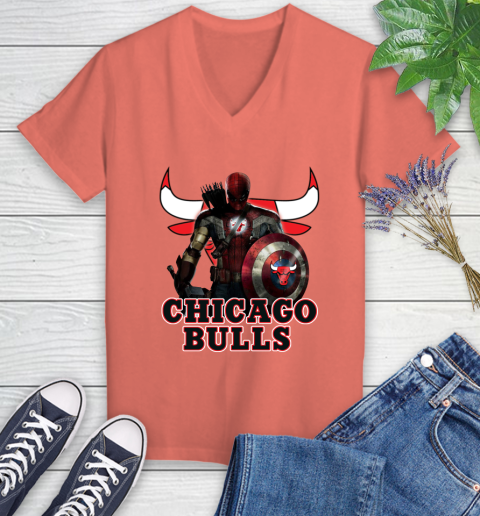 Chicago Bulls NBA Basketball Captain America Thor Spider Man Hawkeye Avengers Women's V-Neck T-Shirt 6