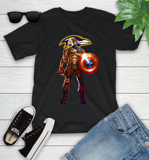 NFL Captain America Marvel Avengers Endgame Football Sports Baltimore Ravens Youth T-Shirt 2