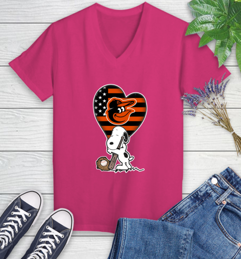 Baltimore Orioles MLB Baseball The Peanuts Movie Adorable Snoopy Women's V-Neck T-Shirt 9