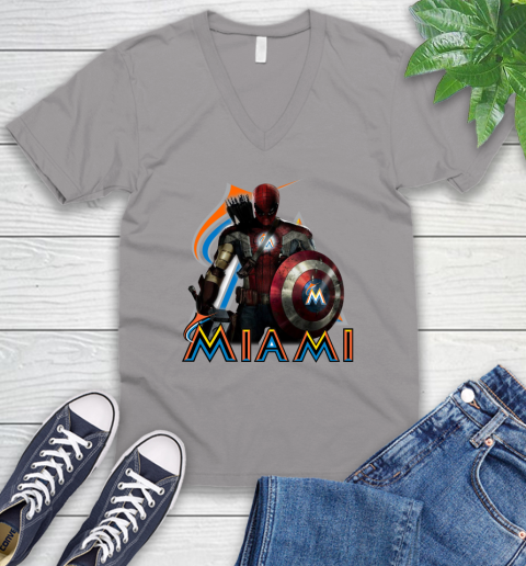 MLB Captain America Thor Spider Man Hawkeye Avengers Endgame Baseball Miami Marlins V-Neck T-Shirt 4