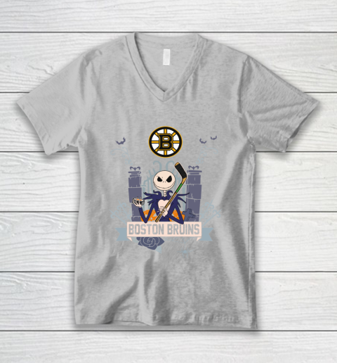 NHL Boston Bruins Hockey Jack Skellington Halloween V-Neck T-Shirt 3