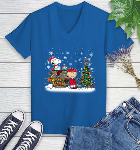 Portland Trail Blazers NBA Basketball Christmas The Peanuts Movie Snoopy Championship Women's V-Neck T-Shirt 10