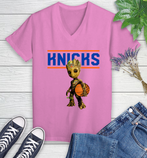 New York Knicks NBA Basketball Groot Marvel Guardians Of The Galaxy Women's V-Neck T-Shirt 14
