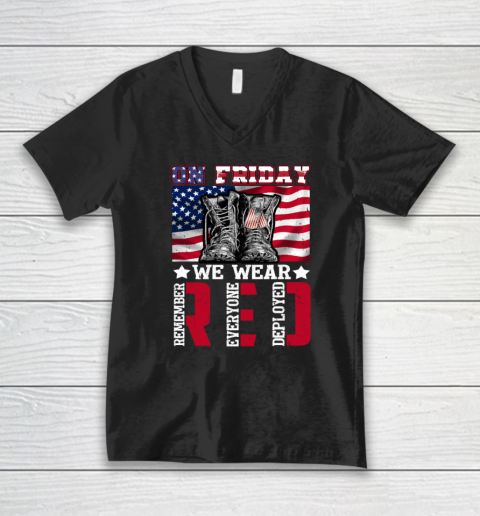On Friday We Wear Red Remember Everyone Deployed V-Neck T-Shirt
