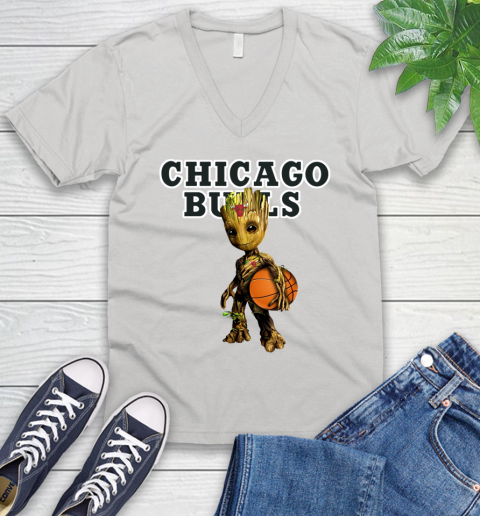 Chicago Bulls NBA Basketball Groot Marvel Guardians Of The Galaxy V-Neck T-Shirt