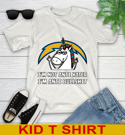 Los Angeles Chargers NFL Football Unicorn I'm Not Anti Hater I'm Anti Bullshit Youth T-Shirt