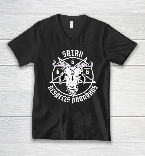 Satan Respects Pronouns Transgender Pentagram Trans Flag V-Neck T-Shirt