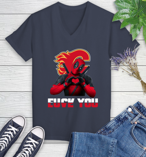 NHL Calgary Flames Deadpool Love You Fuck You Hockey Sports Women's V-Neck T-Shirt 12