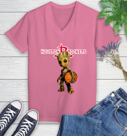 Houston Rockets NBA Basketball Groot Marvel Guardians Of The Galaxy Women's V-Neck T-Shirt 13