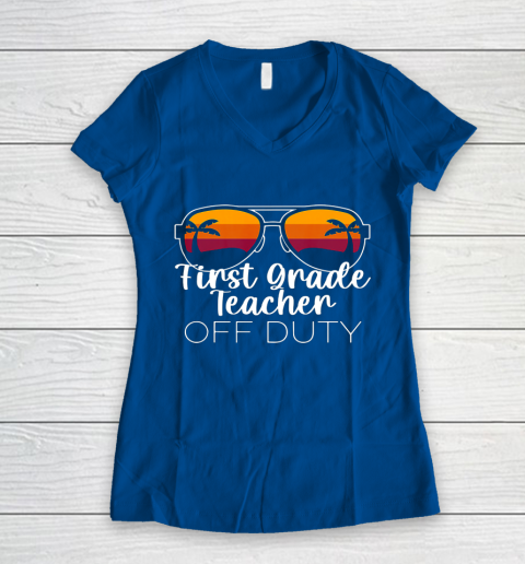 1st Grade Teacher Off Duty Sunglasses Beach Sunset Women's V-Neck T-Shirt 7
