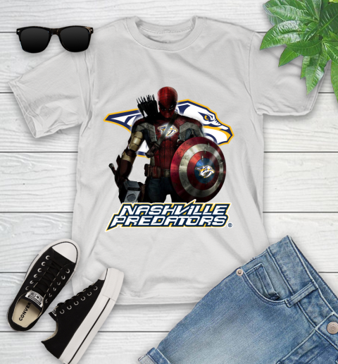 NHL Captain America Thor Spider Man Hawkeye Avengers Endgame Hockey Nashville Predators Youth T-Shirt