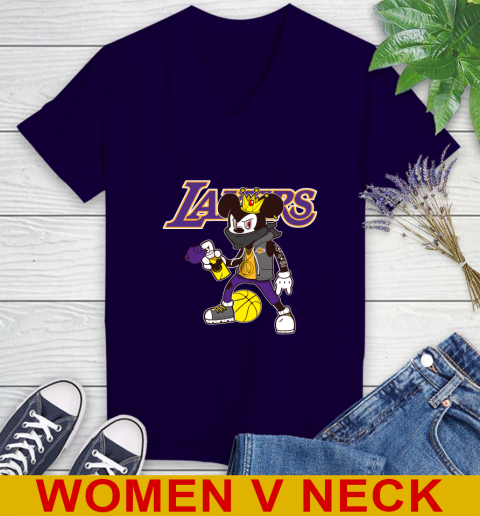 Los Angeles Lakers NBA Basketball Mickey Peace Sign Sports Women's V-Neck T-Shirt 4