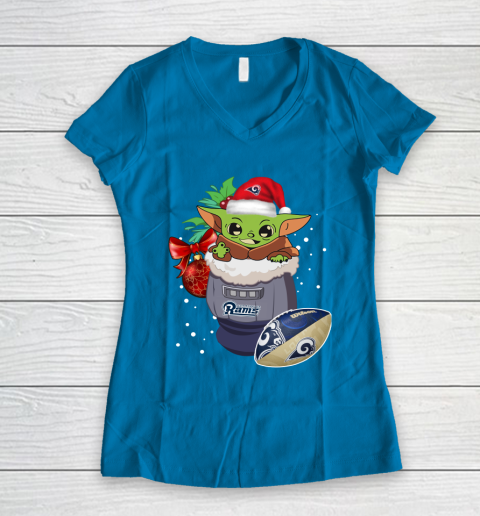Los Angeles Rams Christmas Baby Yoda Star Wars Funny Happy NFL Women's V-Neck T-Shirt 7