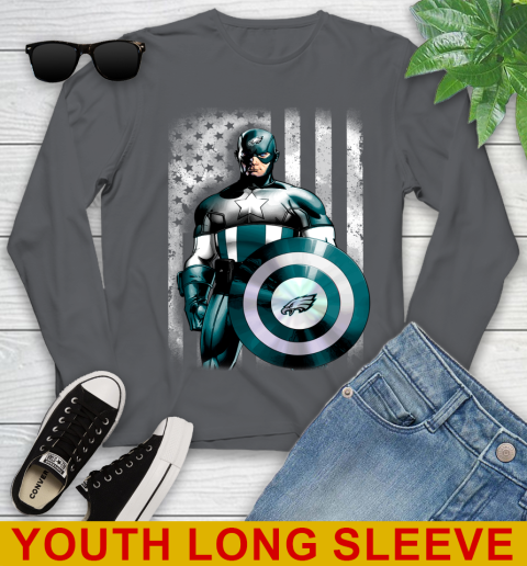 Philadelphia Eagles NFL Football Captain America Marvel Avengers American Flag Shirt Youth Long Sleeve 9