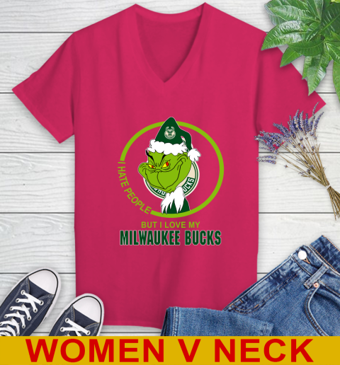 Milwaukee Bucks NBA Christmas Grinch I Hate People But I Love My Favorite Basketball Team Women's V-Neck T-Shirt 10