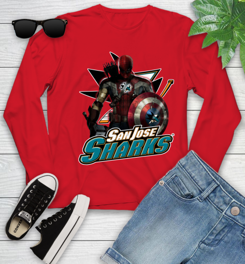 NHL Captain America Thor Spider Man Hawkeye Avengers Endgame Hockey San Jose Sharks Youth Long Sleeve 11