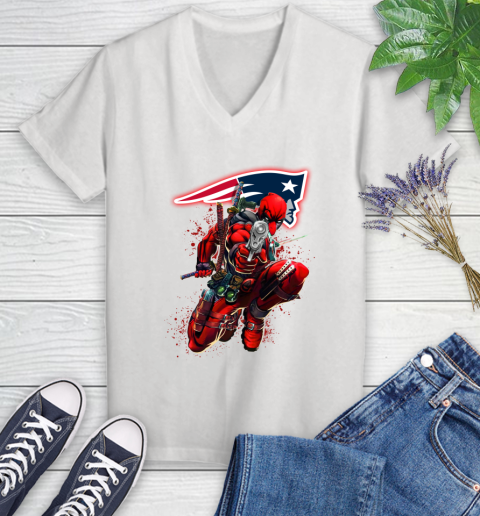 NFL Deadpool Marvel Comics Sports Football New England Patriots Women's V-Neck T-Shirt