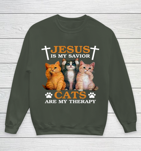 Jesus is My Savior Cat are My Therapy Christians Cat Lover Youth Sweatshirt 8