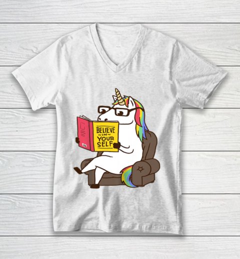 Unicorn Shirt Believe in Yourself Motivational Book Lover V-Neck T-Shirt 2