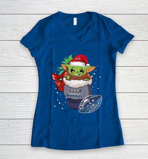 Seattle Seahawks Christmas Baby Yoda Star Wars Funny Happy NFL Women's V-Neck T-Shirt 9