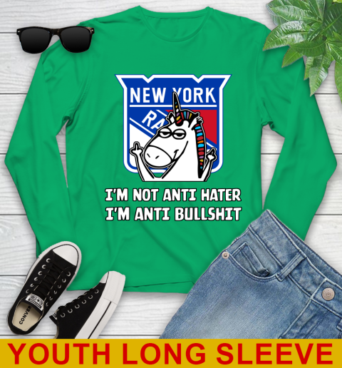 New York Rangers NHL Hockey Unicorn I'm Not Anti Hater I'm Anti Bullshit Youth Long Sleeve 7
