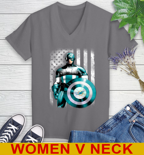 Miami Dolphins NFL Football Captain America Marvel Avengers American Flag Shirt Women's V-Neck T-Shirt 11