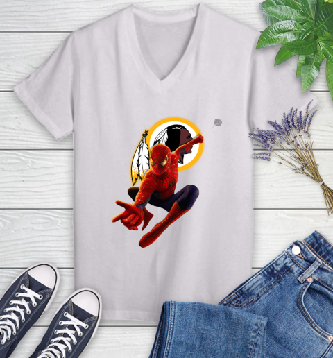 NFL Spider Man Avengers Endgame Football Washington Redskins Women's V-Neck T-Shirt