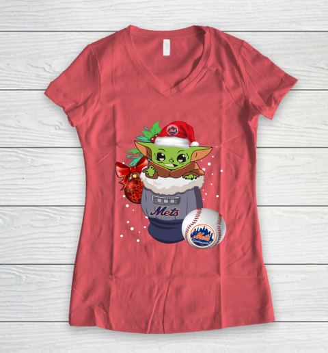New York Mets Christmas Baby Yoda Star Wars Funny Happy MLB Women's V-Neck T-Shirt 6