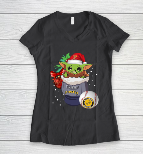 Pittsburgh Pirates Christmas Baby Yoda Star Wars Funny Happy MLB Women's V-Neck T-Shirt 8